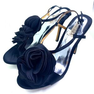 Badgley Mischka satin flower heels